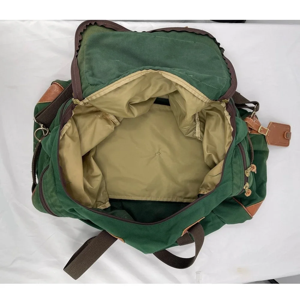 Vintage LL Bean Duffle Bag Green Canvas Leather Trim Weekender